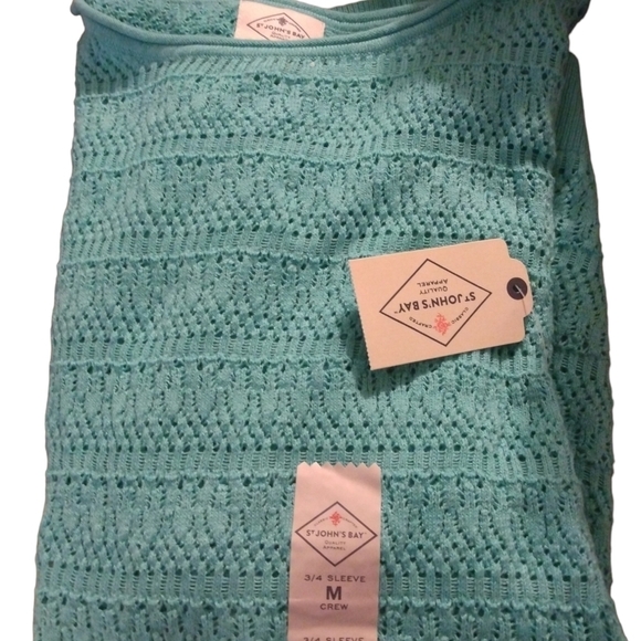 Mint Green Crew Neck Eyelet Sweater St. John's 3/4 Sleeved Beachy Layering NWT M - Picture 3 of 11